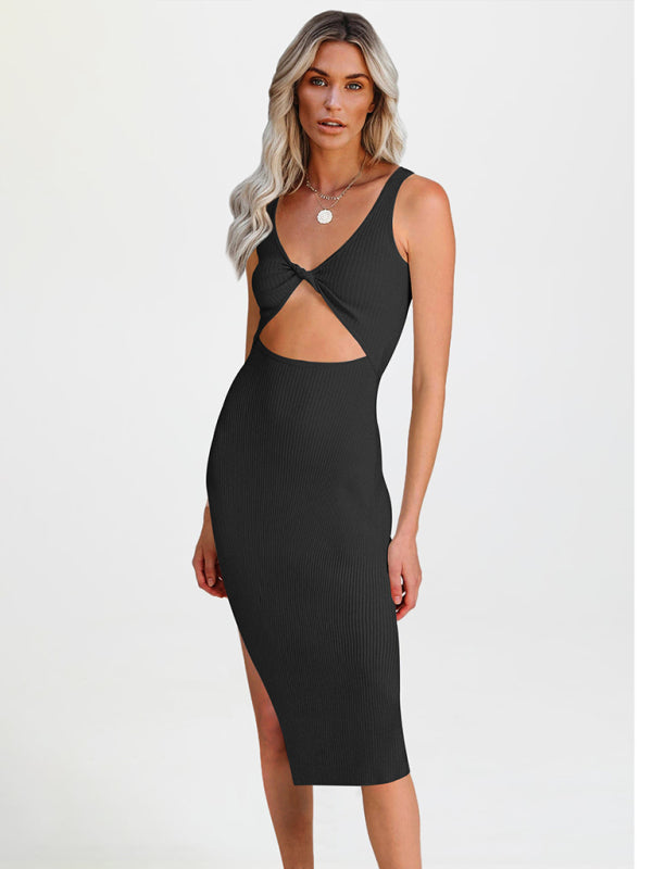 Solid Color Cutout Twist Front Cocktail Dress - Serenity Land fashion
