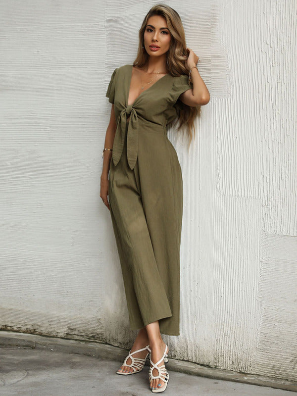 Solid Color Tie Front Cutout Flutter Sleeve Crop Jumpsuit - Serenity Land fashion