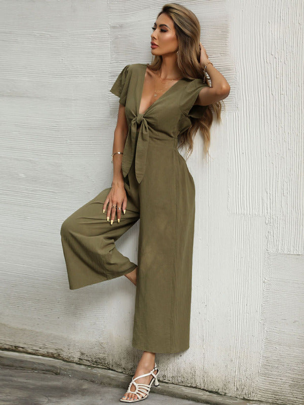 Solid Color Tie Front Cutout Flutter Sleeve Crop Jumpsuit - Serenity Land fashion