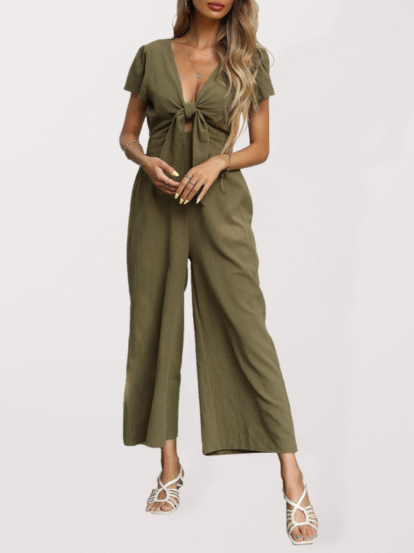 Solid Color Tie Front Cutout Flutter Sleeve Crop Jumpsuit - Serenity Land fashion