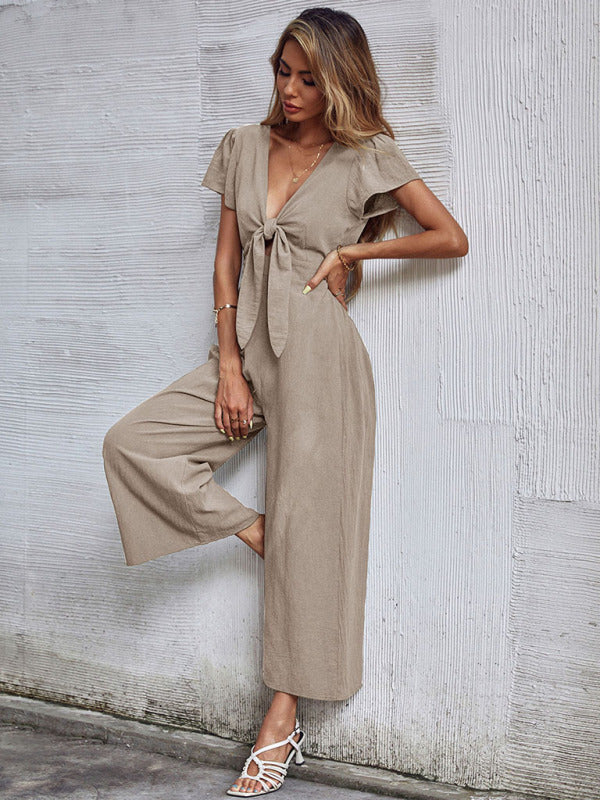 Solid Color Tie Front Cutout Flutter Sleeve Crop Jumpsuit - Serenity Land fashion