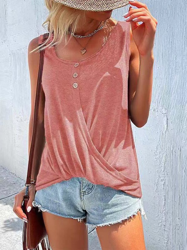 Solid Color Button Knot Crewneck Tank Top