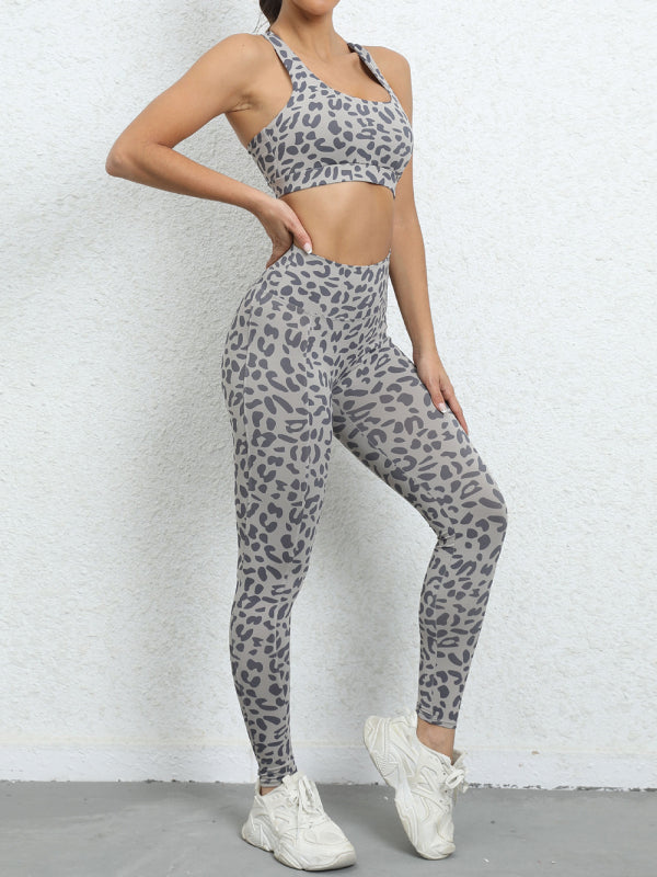 Leopard Print Compression Racerback Crop Top And High-waist Pants - Serenity Land fashion