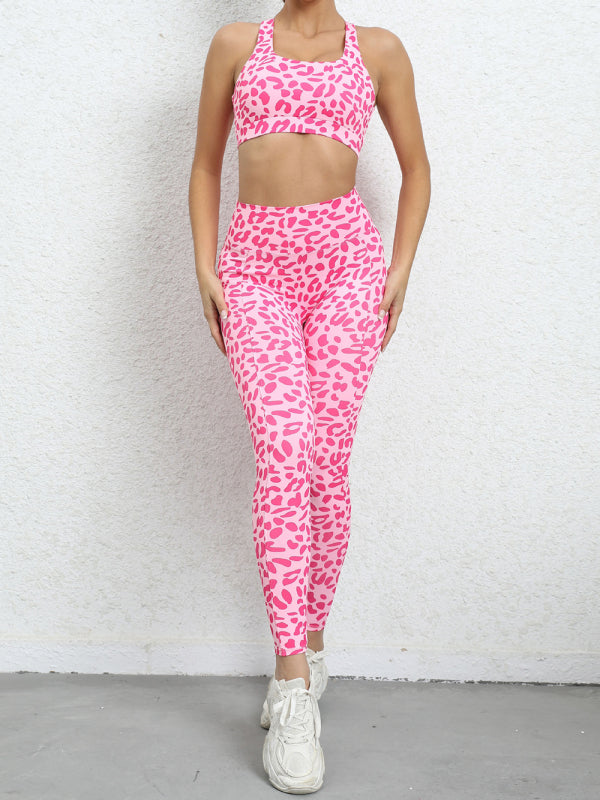 Leopard Print Compression Racerback Crop Top And High-waist Pants - Serenity Land fashion