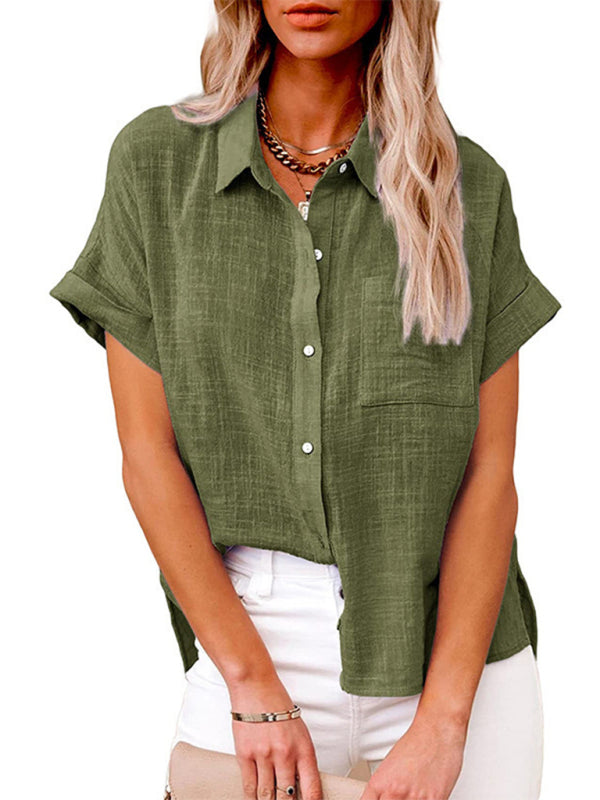 Solid Color Short Sleeve Button-front Top - Serenity Land fashion