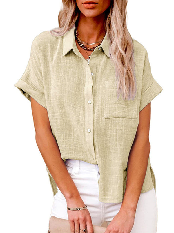 Solid Color Short Sleeve Button-front Top - Serenity Land fashion