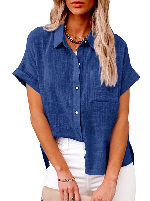 Solid Color Short Sleeve Button-front Top - Serenity Land fashion