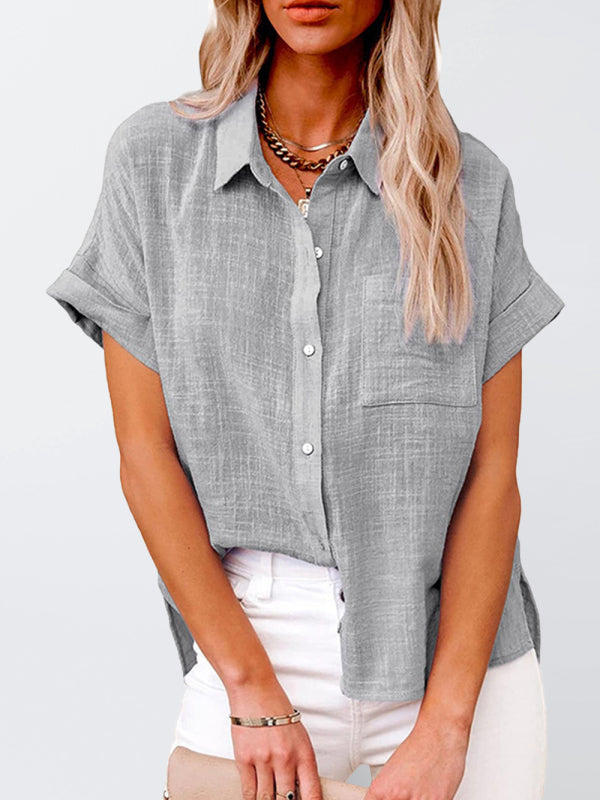 Solid Color Short Sleeve Button-front Top - Serenity Land fashion