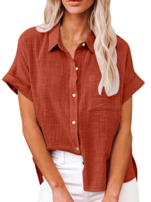 Solid Color Short Sleeve Button-front Top - Serenity Land fashion