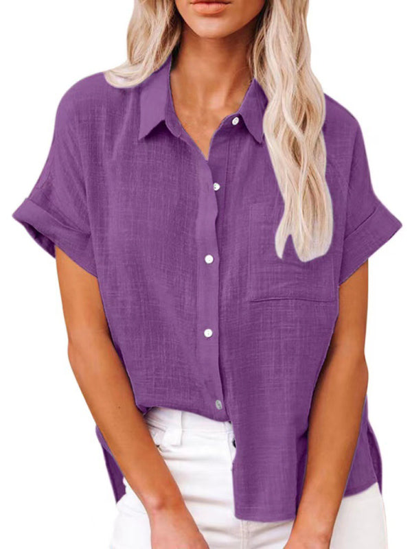 Solid Color Short Sleeve Button-front Top - Serenity Land fashion