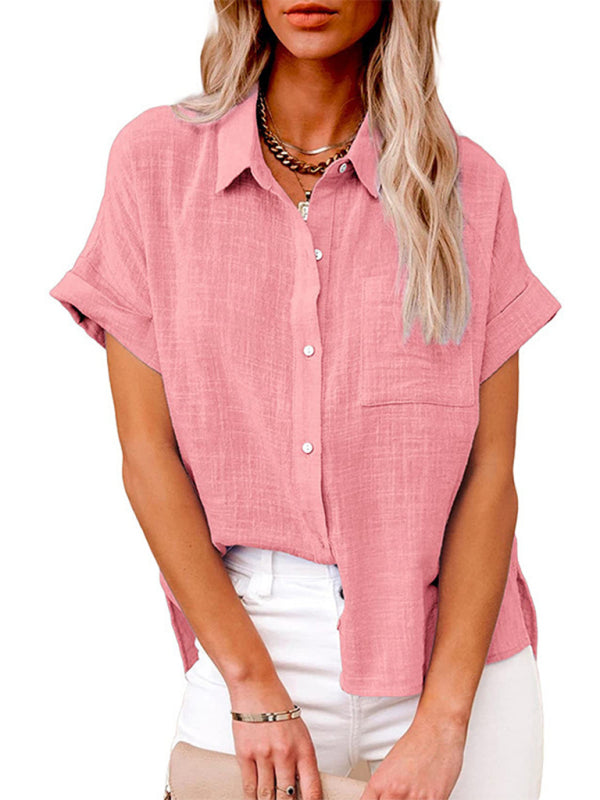 Solid Color Short Sleeve Button-front Top - Serenity Land fashion