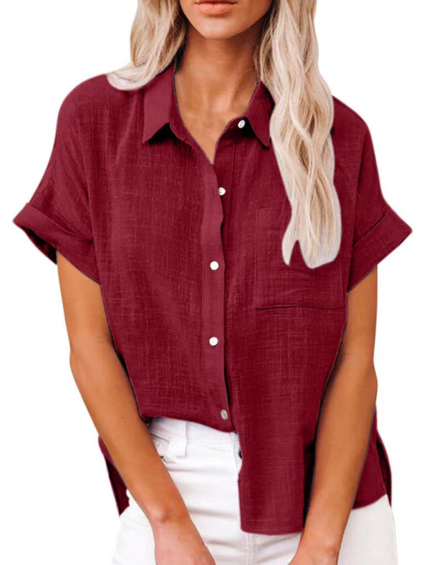 Solid Color Short Sleeve Button-front Top - Serenity Land fashion