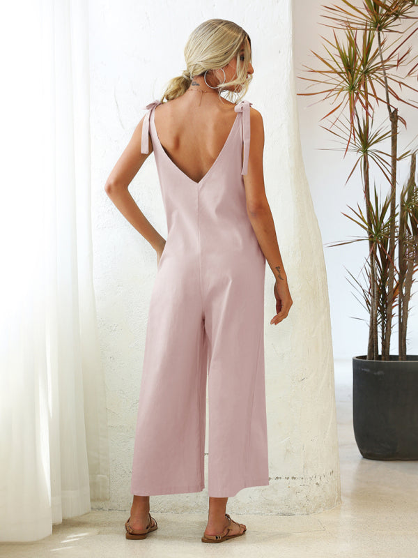 Women's Solid Color Tie Shoulder Jumpsuit