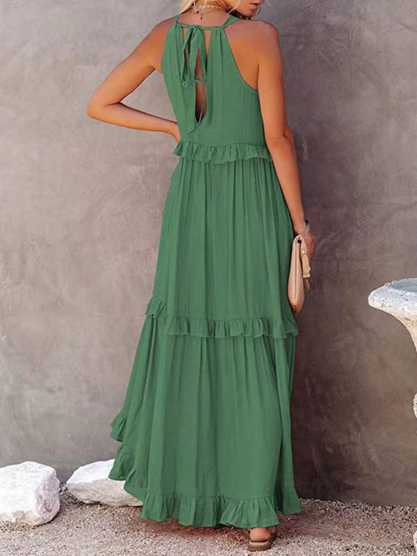 Solid Color Halter Neck Ruffle Tiered Maxi Dress - Serenity Land fashion