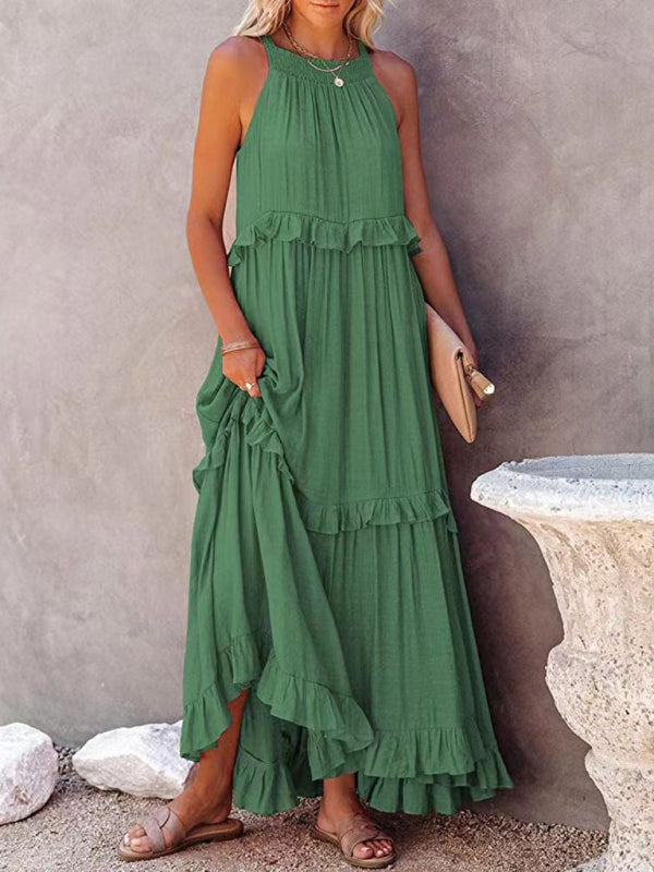 Solid Color Halter Neck Ruffle Tiered Maxi Dress - Serenity Land fashion
