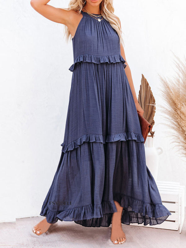 Solid Color Halter Neck Ruffle Tiered Maxi Dress - Serenity Land fashion