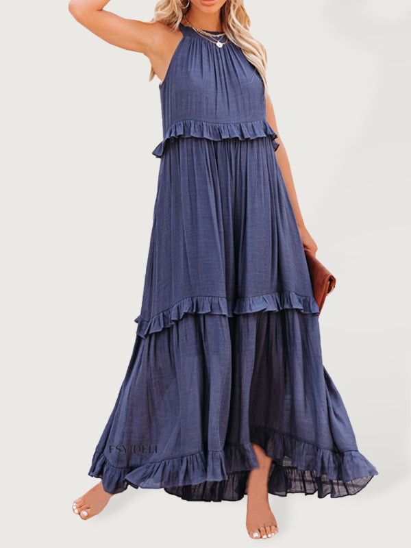 Solid Color Halter Neck Ruffle Tiered Maxi Dress - Serenity Land fashion