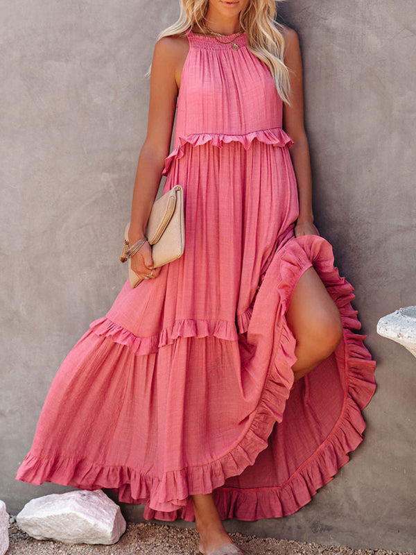 Solid Color Halter Neck Ruffle Tiered Maxi Dress - Serenity Land fashion