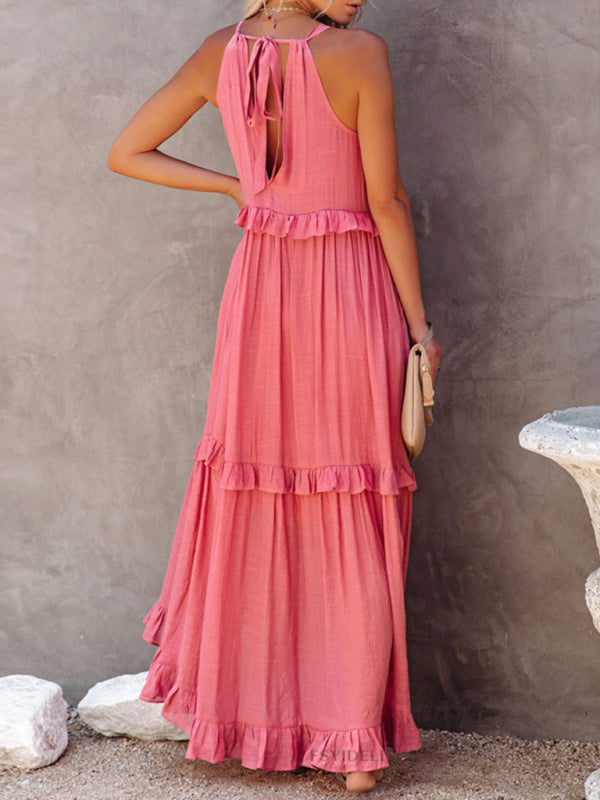 Solid Color Halter Neck Ruffle Tiered Maxi Dress - Serenity Land fashion