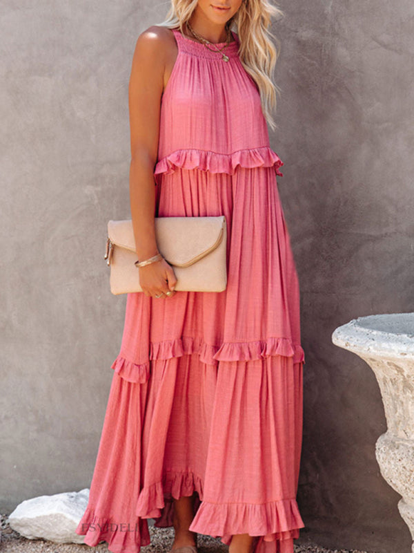 Solid Color Halter Neck Ruffle Tiered Maxi Dress - Serenity Land fashion