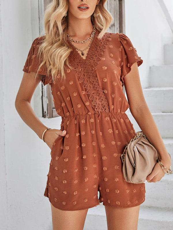 Solid Colorbl Lace Romper - Serenity Land fashion
