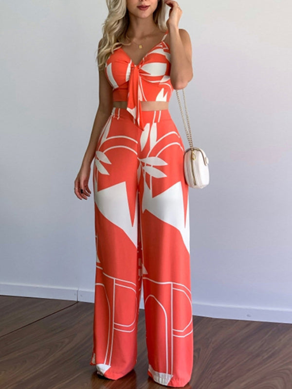 Casual V-neck top & high-waist wide-leg pants