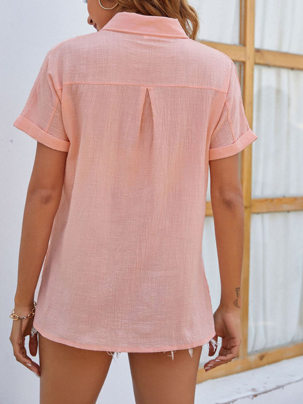 Solid Color Short Sleeve Linen Button-up Shirt - Serenity Land fashion