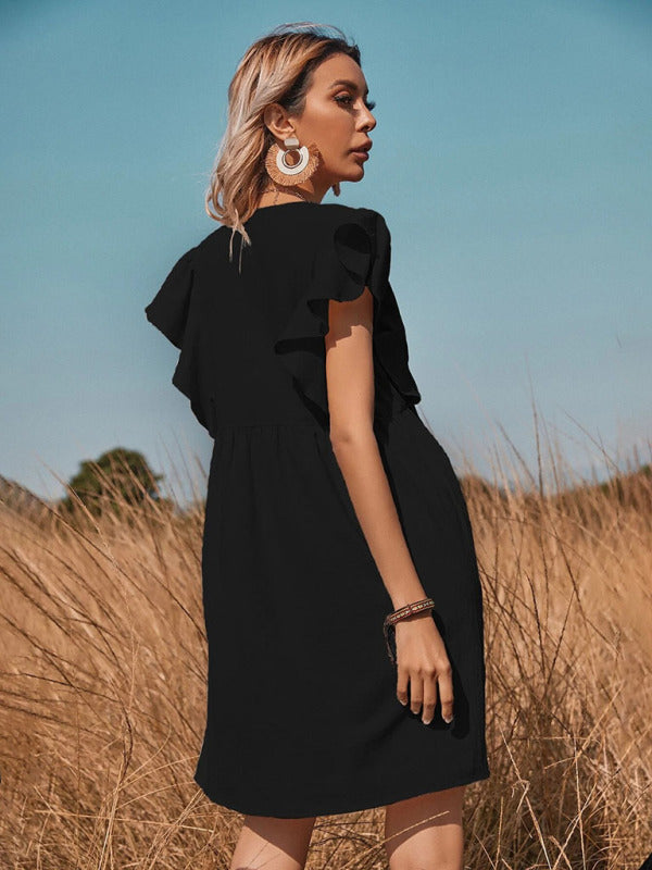 V-neck button-up large swing A-shaped Dress