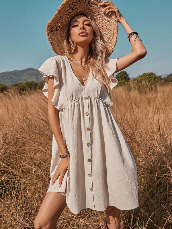 V-neck button-up large swing A-shaped Dress