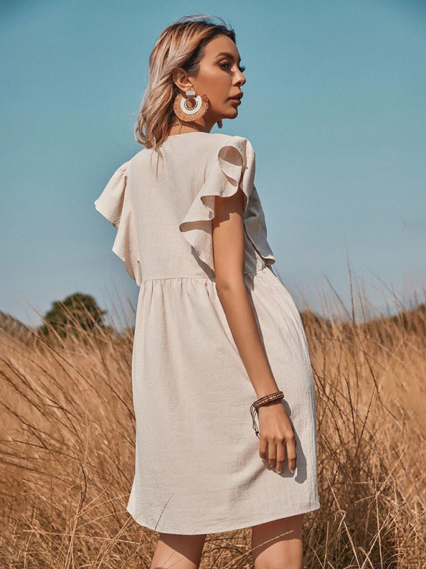 V-neck button-up large swing A-shaped Dress