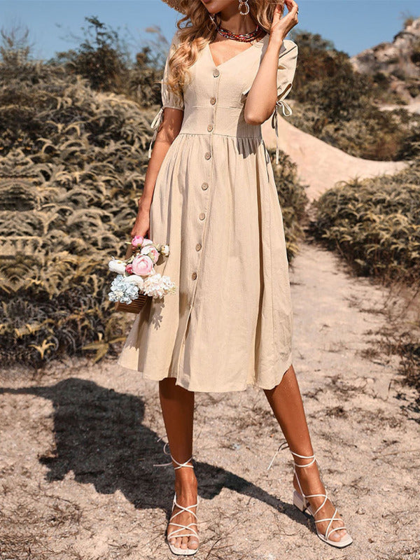 Women's Woven V-neck, A-line Short Sleeve Dress