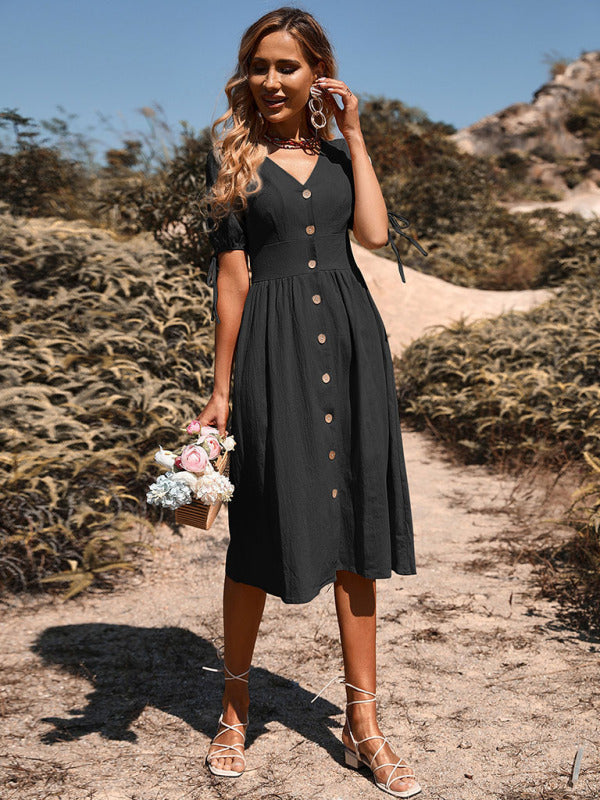 Women's Woven V-neck, A-line Short Sleeve Dress