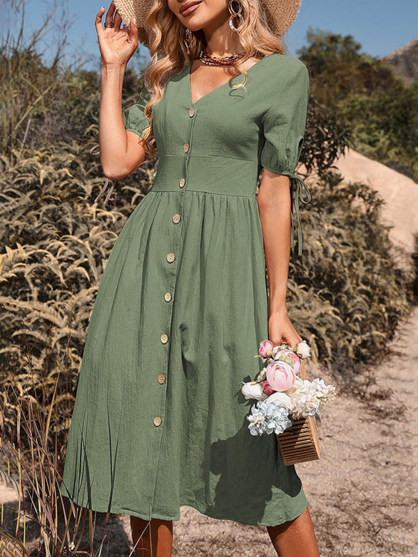 Women's Woven V-neck, A-line Short Sleeve Dress