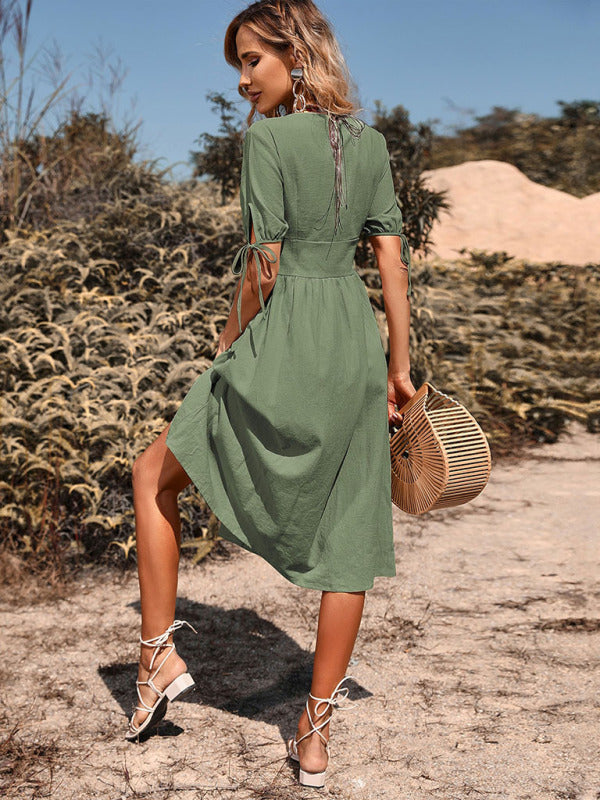 Women's Woven V-neck, A-line Short Sleeve Dress