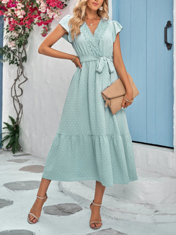 Lace Trim Tie Waist Midi Dress