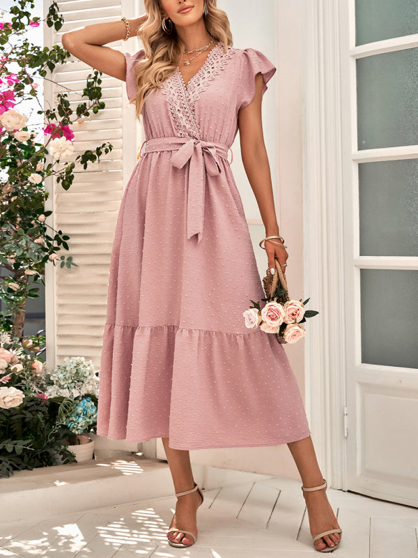 Lace Trim Tie Waist Midi Dress