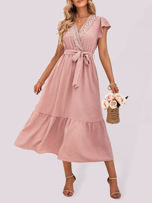 Lace Trim Tie Waist Midi Dress