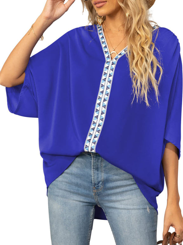 V-neck Dolman Sleeve Top With Trim - Serenity Land fashion