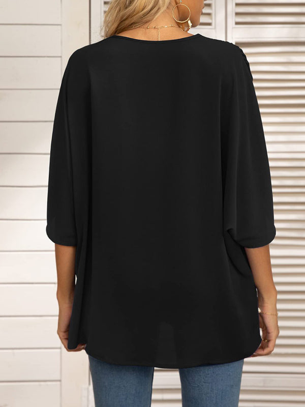 V-neck Dolman Sleeve Top With Trim - Serenity Land fashion