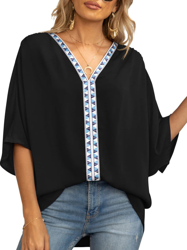 V-neck Dolman Sleeve Top With Trim - Serenity Land fashion
