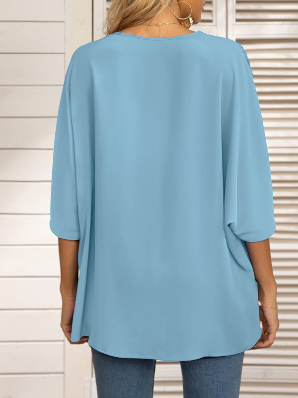 V-neck Dolman Sleeve Top With Trim - Serenity Land fashion