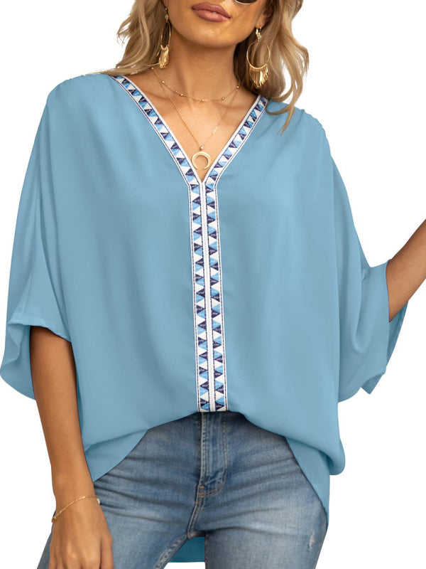 V-neck Dolman Sleeve Top With Trim - Serenity Land fashion