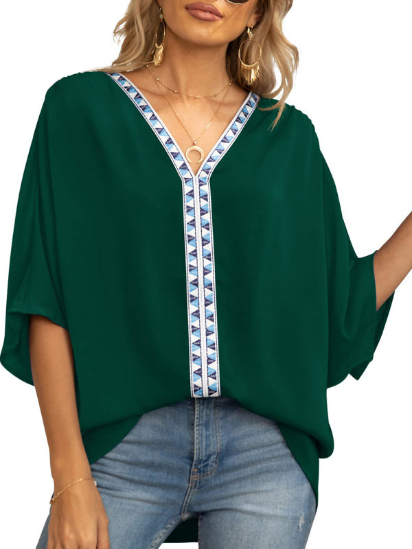 V-neck Dolman Sleeve Top With Trim - Serenity Land fashion