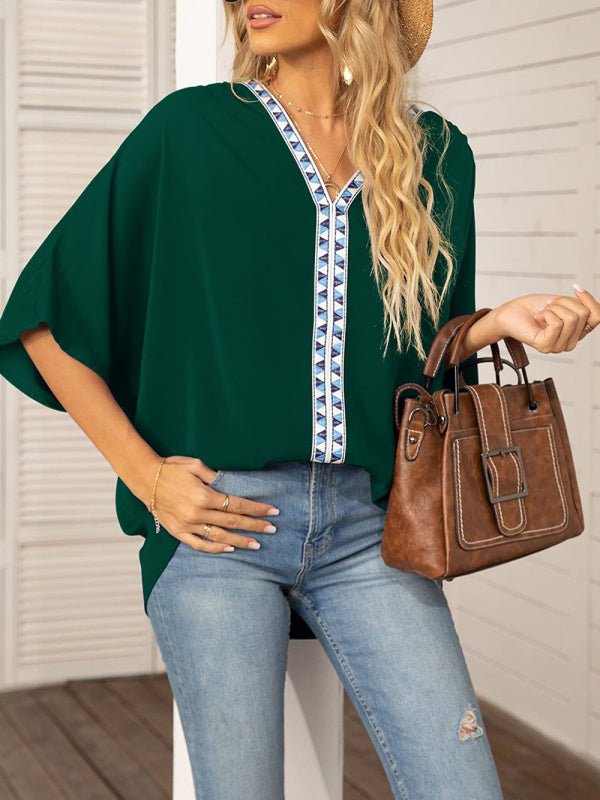 V-neck Dolman Sleeve Top With Trim - Serenity Land fashion