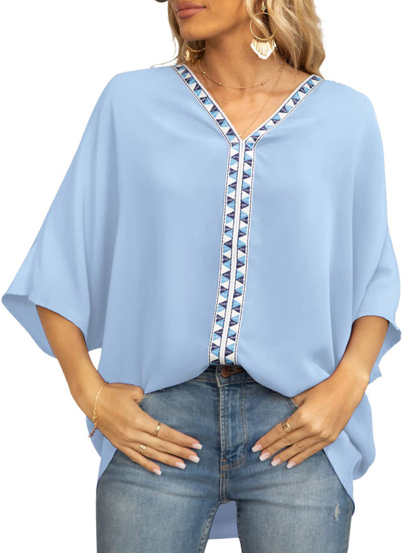 V-neck Dolman Sleeve Top With Trim - Serenity Land fashion