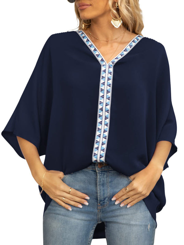 V-neck Dolman Sleeve Top With Trim - Serenity Land fashion