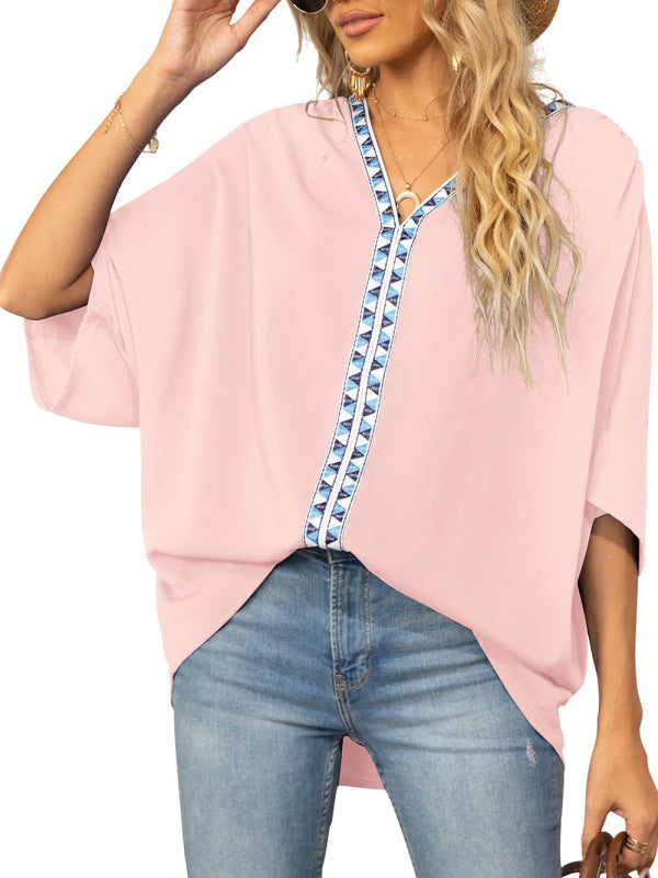V-neck Dolman Sleeve Top With Trim - Serenity Land fashion
