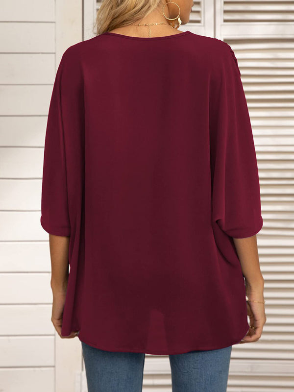 V-neck Dolman Sleeve Top With Trim - Serenity Land fashion