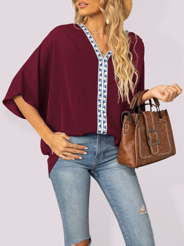 V-neck Dolman Sleeve Top With Trim - Serenity Land fashion
