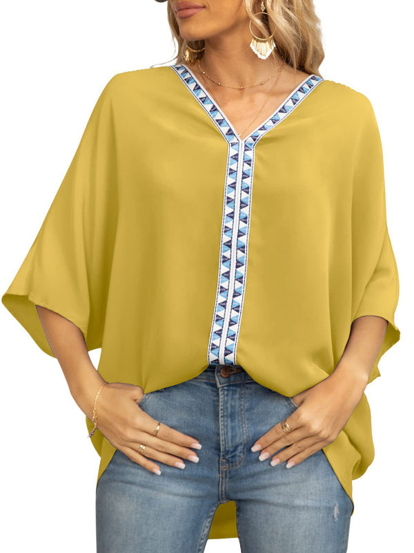 V-neck Dolman Sleeve Top With Trim - Serenity Land fashion
